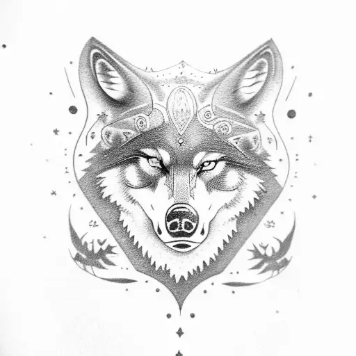 A Wolf, a Bear and a two crows in a Mystic forest with Moon  tattoo design idea