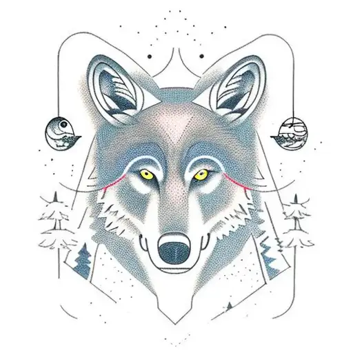 A Wolf, a Bear and a two crow in a Mystic forest with Moon  tattoo design idea