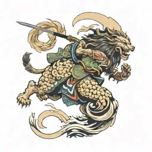 Lion being ridden into battle with an angelic warrior tattoo design idea