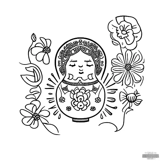 russian nesting doll with closed eyes and flowers tattoo design idea