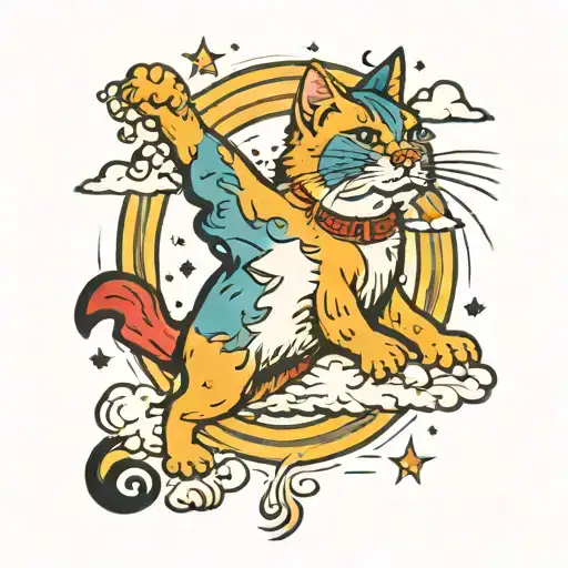 flaying cat on a thunderstorm with raimbows tattoo design idea