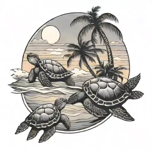 palm tree beach scene with a sunset, two small sea turtles coming out of the surf tattoo design idea