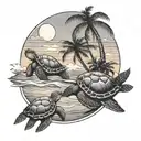 palm tree beach scene with a sunset, two small sea turtles coming out of the surf tattoo design idea
