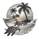 palm tree beach scene with a sunset, two small sea turtles coming out of the surf tattoo design idea