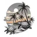 palm tree beach scene with a sunset, two small sea turtles coming out of the surf tattoo design idea