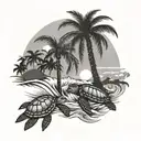 palm tree beach scene with a sunset, two small sea turtles coming out of the surf tattoo design idea
