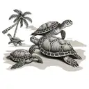 palm tree beach scene, two sea turtles on the sand, blue heron flying above tattoo design idea