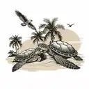 palm tree beach scene, two sea turtles on the sand, blue heron flying above tattoo design idea