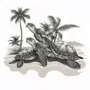 palm tree beach scene, two sea turtles on the sand, blue heron flying above tattoo design idea