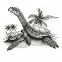 palm tree beach scene, two sea turtles on the sand, blue heron flying above tattoo design idea
