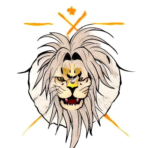 scary lion head with scars and the symbol of the cross on the left eye of the lion tattoo design idea