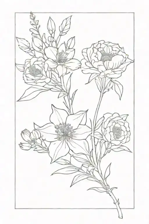family birth flower bouquet mad with January, October, April, September, October, September, February flowers. straight tattoo design idea