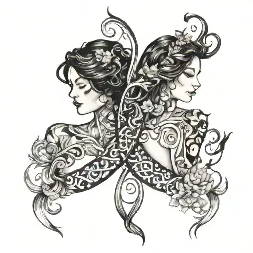 2 best friends dark hair facing each other, soul mates, Aquarius, infinity sign, synchronicity  tattoo design idea