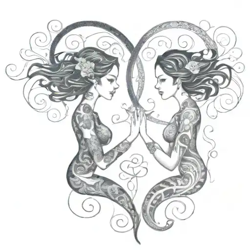 2 best friends dark hair facing each other, soul mates, Aquarius, infinity sign, synchronicity  tattoo design idea