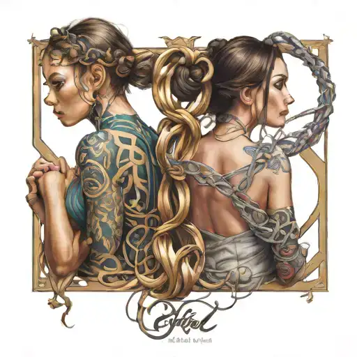 best friends, back to back, weaving reality, bonded by Aquarius and synchronicities, telepathy, infinity symbol  tattoo design idea