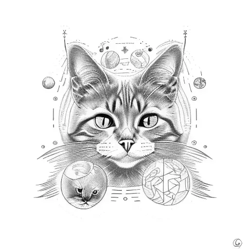 tatoo in fineline style, use the world anxiety, number 5 and 0, cat,rat,brains,moons phases, psy letter, lines and some  tattoo design idea