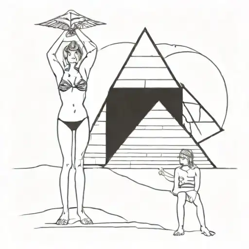 2 topless girls in front of a pyramid with a birdman above it tattoo design idea