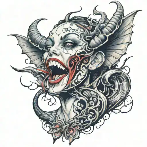 gothic, horror , succubus, tongue, nude, tribal tattoo design idea