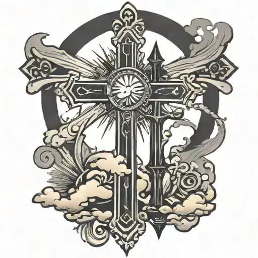 crosses and sun setting tattoo design idea