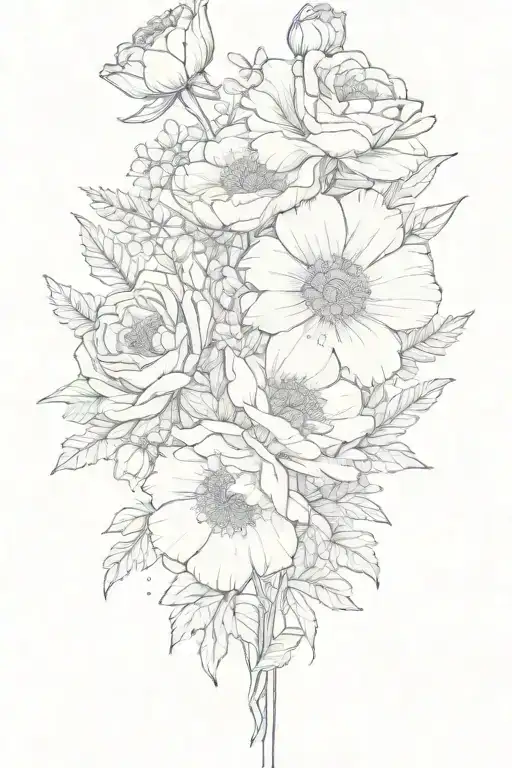 cute fine line flower bouquet with: 3 roses, 1 daffodil, 1 marigold, 1 cosmos flower, 2 poppy, 1 chrysanth tattoo design idea