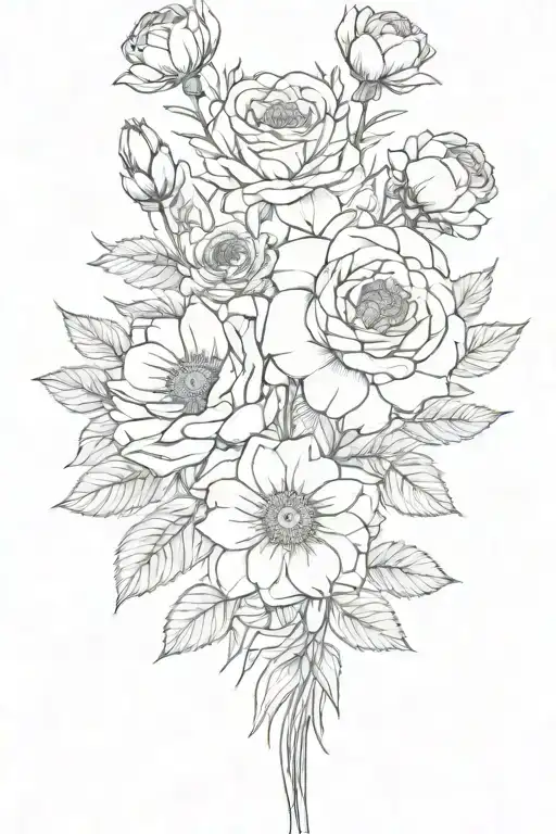 cute line flower bouquet with: 3 roses, 1 daffodil, 1 marigold, 1 cosmos flower, 2 poppy, 1 chrysanthemum  tattoo design idea