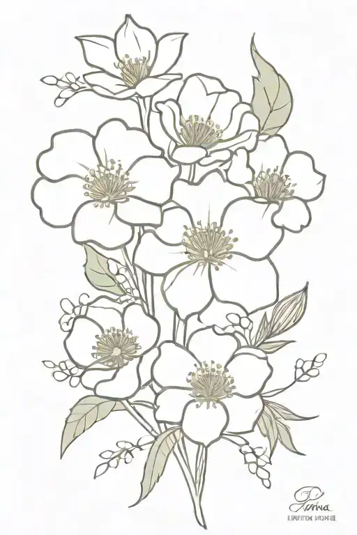 flower boquet 3 roses, 1 daffodil, 2 marigold, 2 poppies, 1 chrysanthemum, 1 lily of the valley  tattoo design idea