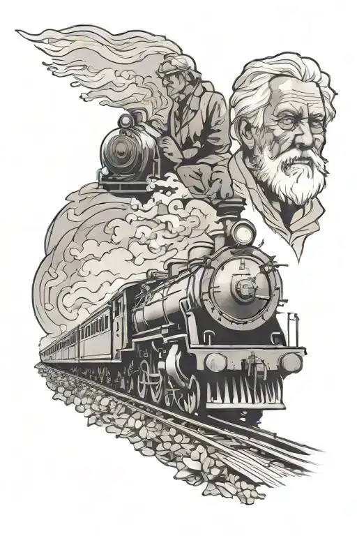 train with a silhouette of a older person behind a younger person  tattoo design idea