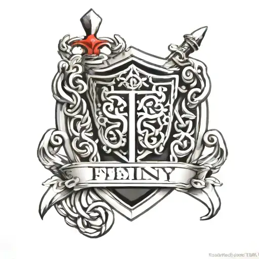 fein family crest shield sword  chains celtic knot work tattoo design idea