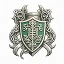 fein family crest shield sword  chains celtic knot work tattoo design idea