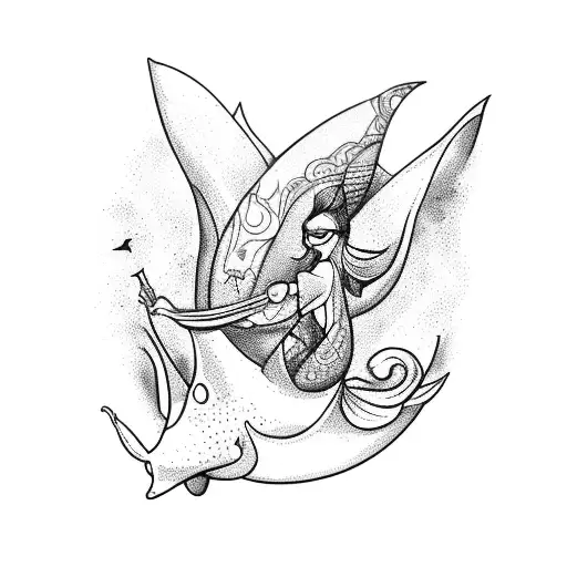 A sketch-style tattoo of a mermaid riding a manta ray trying to catch a unicorn tattoo design idea