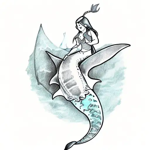 A sketch-style tattoo of a mermaid riding a manta ray trying to catch a unicorn tattoo design idea