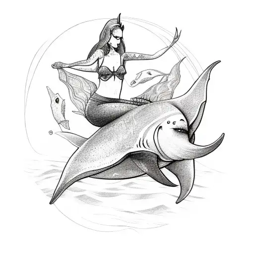 A sketch-style tattoo of a mermaid riding a manta ray while reaching out towards a unicorn in the distance tattoo design idea