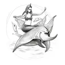 A sketch-style tattoo of a mermaid riding a manta ray while reaching out towards a unicorn in the distance tattoo design idea
