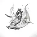 A sketch-style tattoo of a mermaid riding a manta ray while reaching out towards a unicorn in the distance tattoo design idea