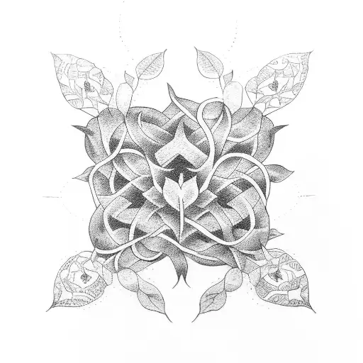 A dotwork tattoo of a non-binary symbol entwined with vines and flowers tattoo design idea