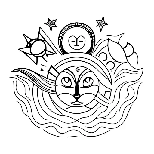 A minimalist design of a girl hugging a fox, with a sun beneath the fox's face and stars and planets around them tattoo design idea