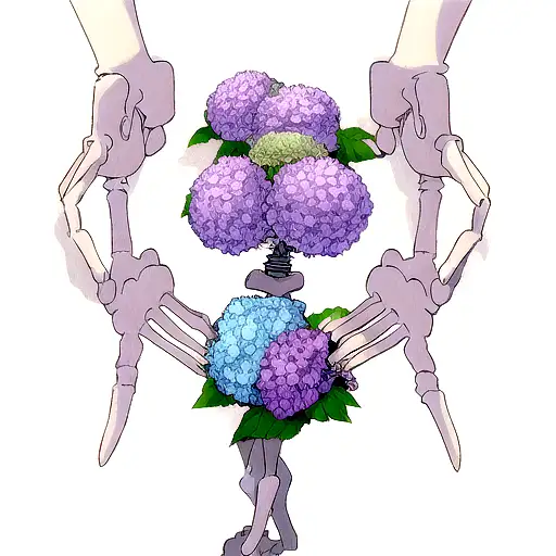 one hand reaching down second skeleton hand reaching up with a ribbon around them and hydrangeas i. the background  tattoo design idea
