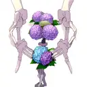 one hand reaching down second skeleton hand reaching up with a ribbon around them and hydrangeas i. the background  tattoo design idea