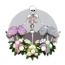 one hand reaching down second skeleton hand reaching up with a ribbon around them and hydrangeas i. the background  tattoo design idea