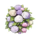 one hand reaching down second skeleton hand reaching up with a ribbon around them and hydrangeas i. the background  tattoo design idea