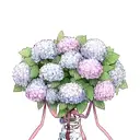 one hand reaching down second skeleton hand reaching up with a ribbon around them and hydrangeas i. the background  tattoo design idea