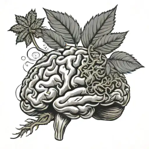 A brain with marijuana leaves as neurons, symbolizing the connection between psychology and cannabis tattoo design idea