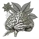 A brain with marijuana leaves as neurons, symbolizing the connection between psychology and cannabis tattoo design idea