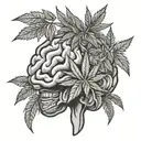 A brain with marijuana leaves as neurons, symbolizing the connection between psychology and cannabis tattoo design idea