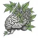 A brain with marijuana leaves as neurons, symbolizing the connection between psychology and cannabis tattoo design idea