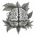 A brain with marijuana leaves as neurons, symbolizing the connection between psychology and cannabis tattoo design idea