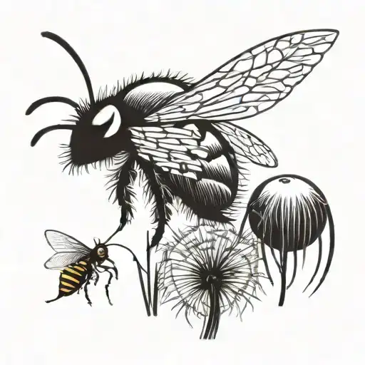 A dandelion growing amidst a few blades of grass with a bee on the dandelion and a dung beetle rolling a ball of dung. tattoo design idea