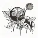 A dandelion growing amidst a few blades of grass with a bee on the dandelion and a dung beetle rolling a ball of dung. tattoo design idea