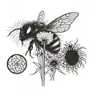 A dandelion growing amidst a few blades of grass with a bee on the dandelion and a dung beetle rolling a ball of dung. tattoo design idea