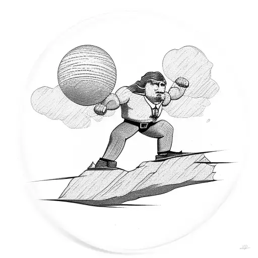 strong man pulling up small man balancing on a bar on a globe tattoo design idea